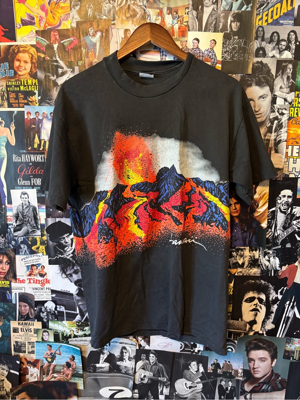Men's Short Sleeve Volcano Graphic Tee - Black with Red & Orange Print